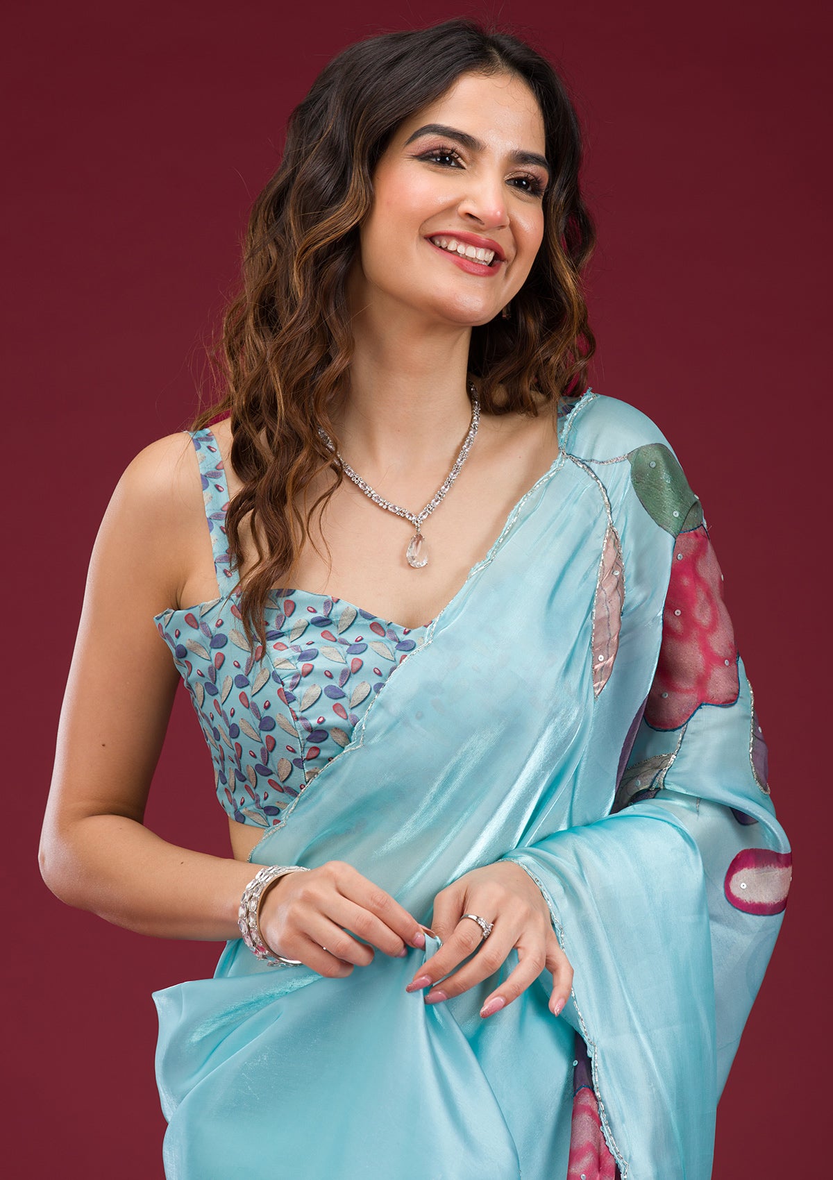 Sky Blue Printed Tissue Saree