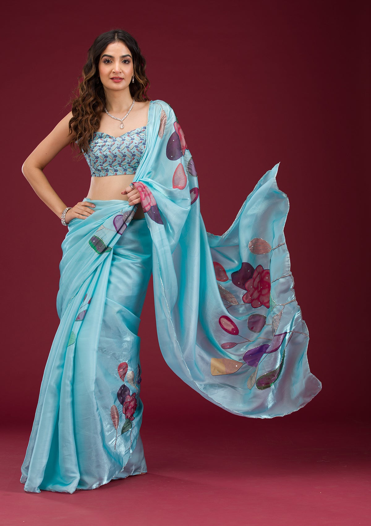 Sky Blue Printed Tissue Saree