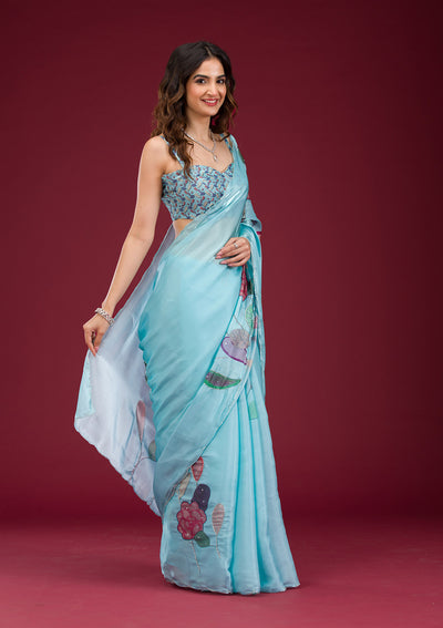 Sky Blue Printed Tissue Saree