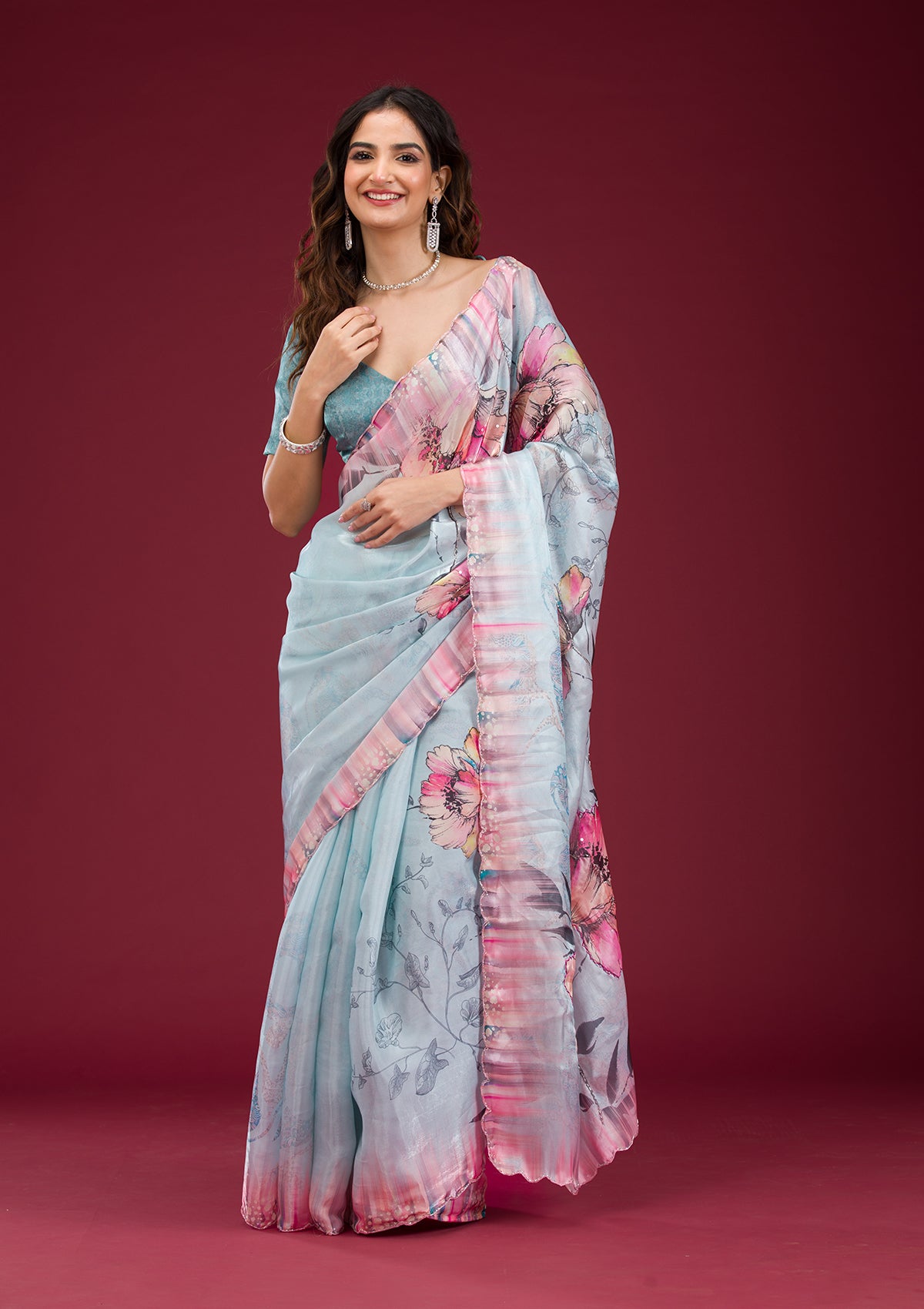 Sky Blue Printed Tissue Saree