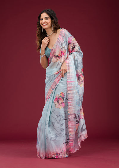 Sky Blue Printed Tissue Saree