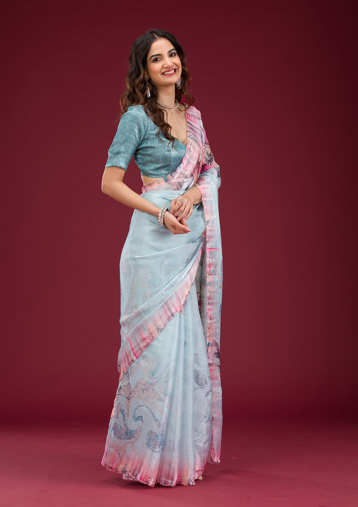 Sky Blue Printed Tissue Saree