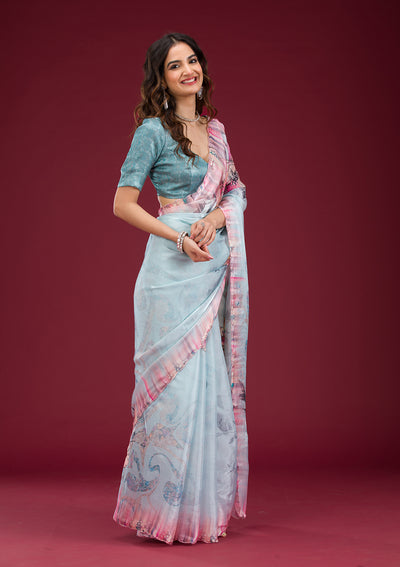 Sky Blue Printed Tissue Saree