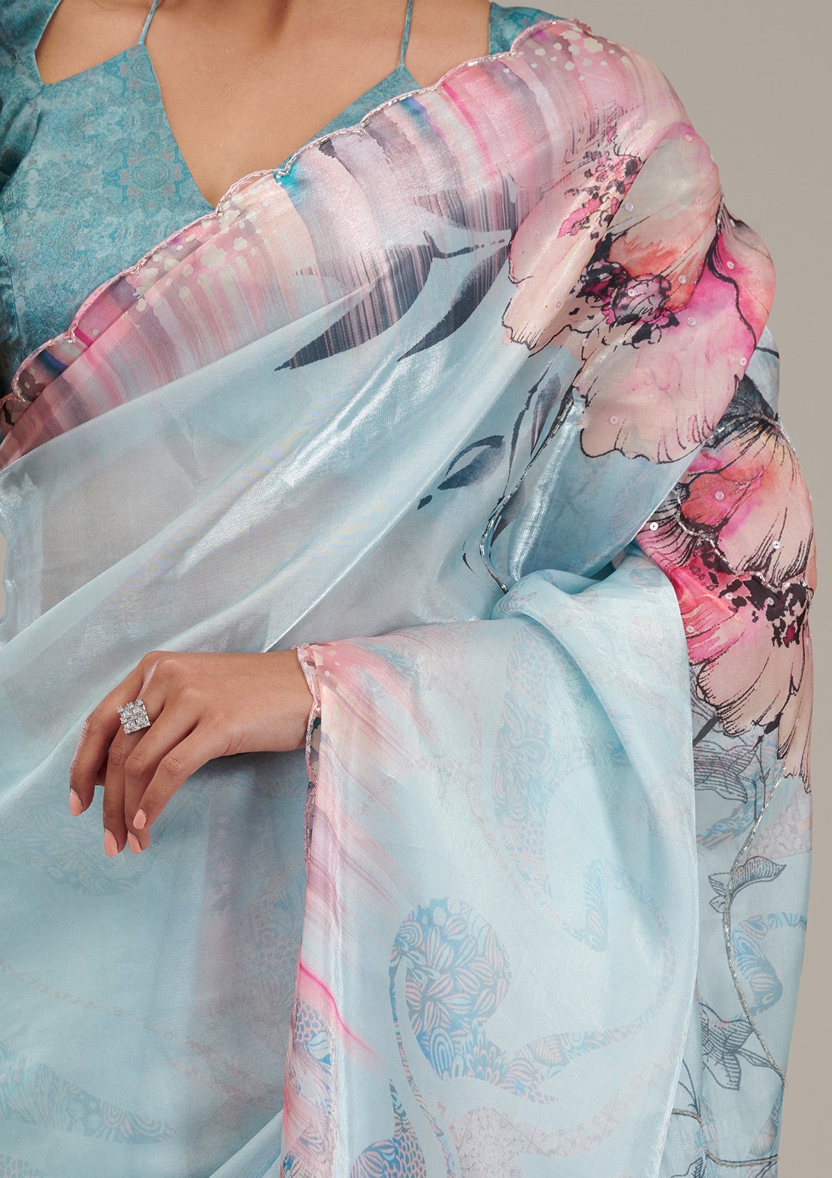 Sky Blue Printed Tissue Saree-Koskii