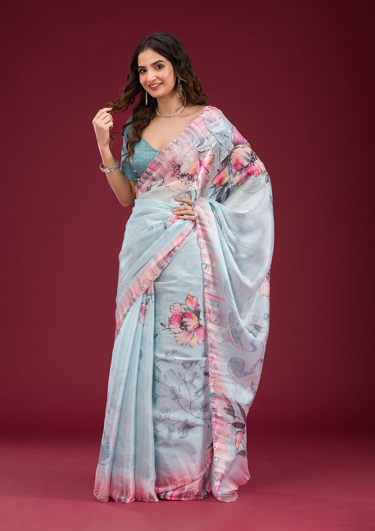 Sky Blue Printed Tissue Saree