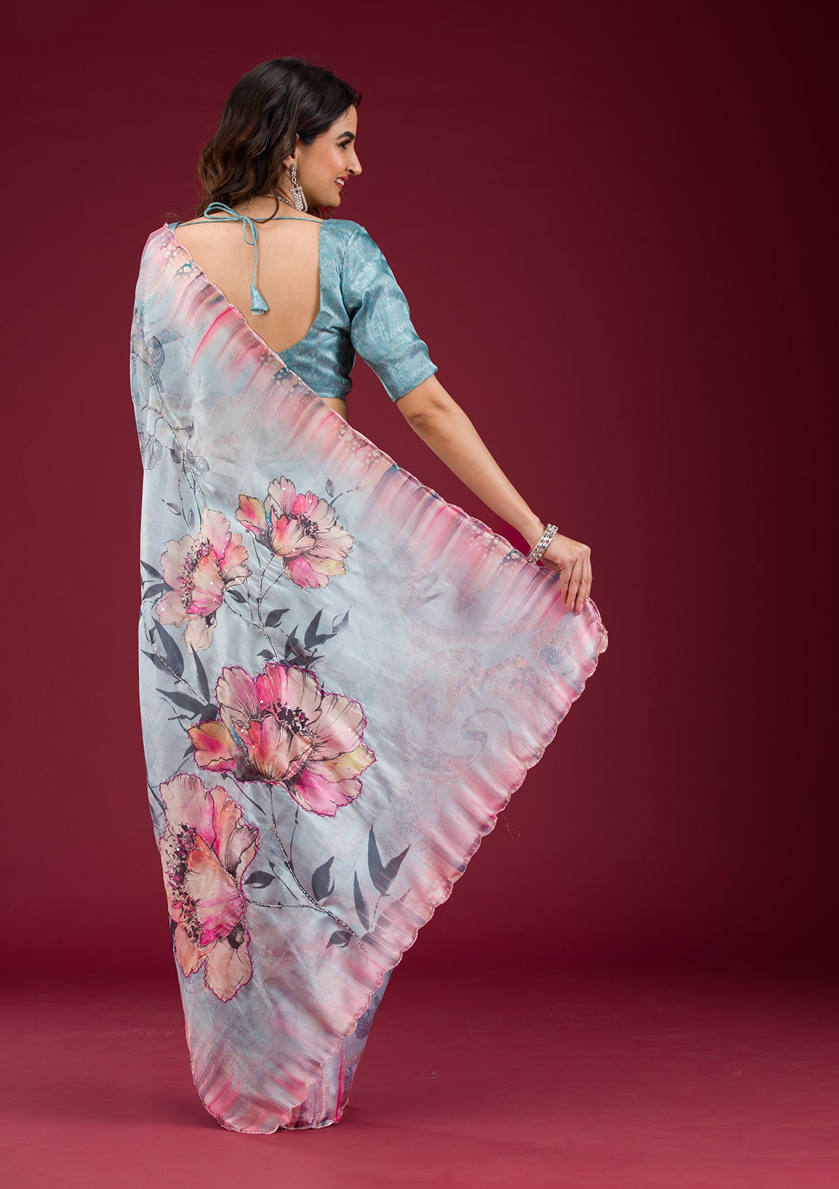 Sky Blue Printed Tissue Saree