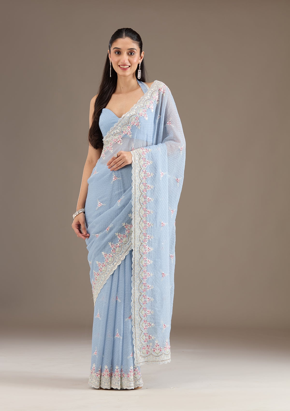 Sky Blue Sequins Chiffon Saree-Koskii