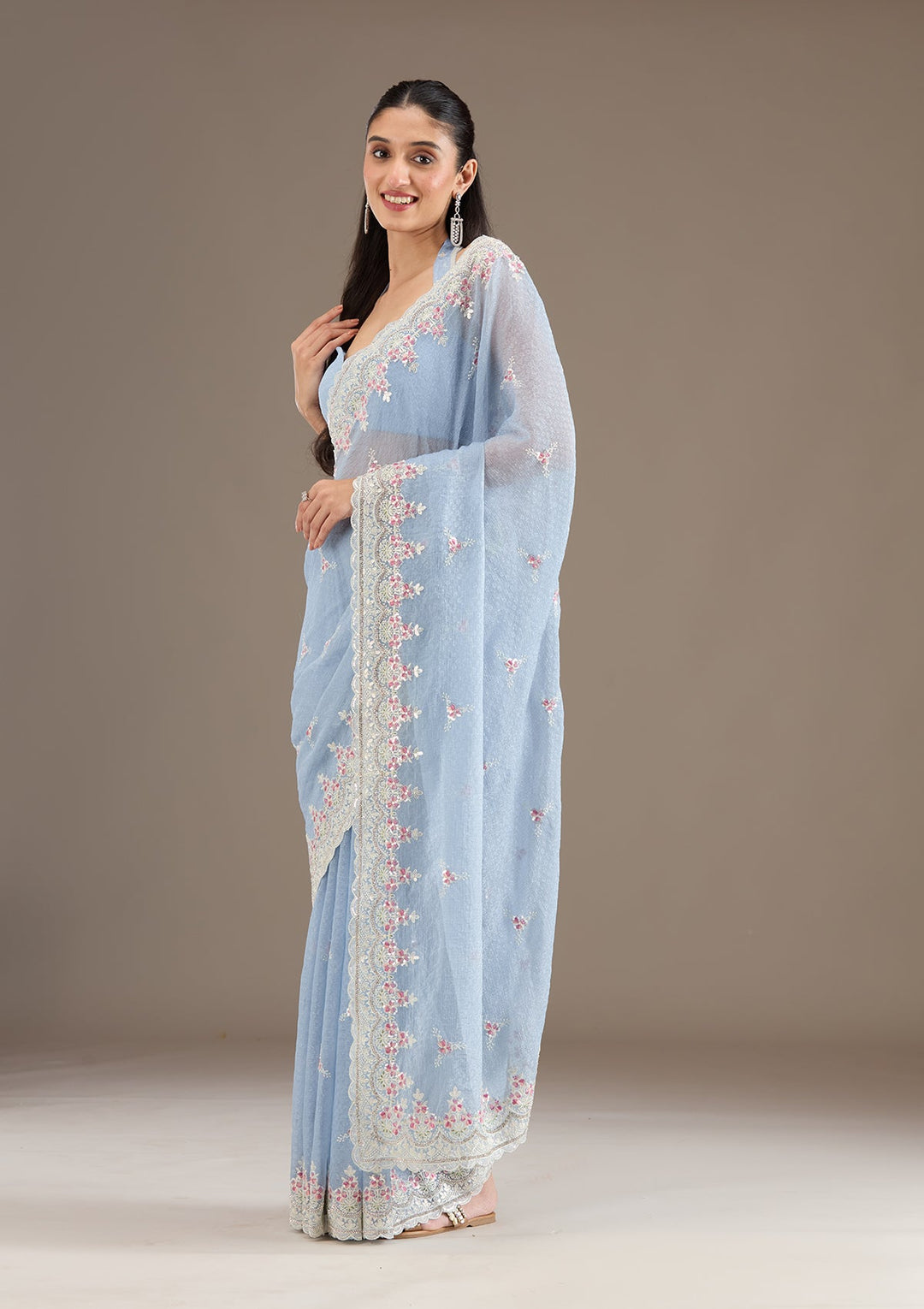 Sky Blue Sequins Chiffon Saree-Koskii