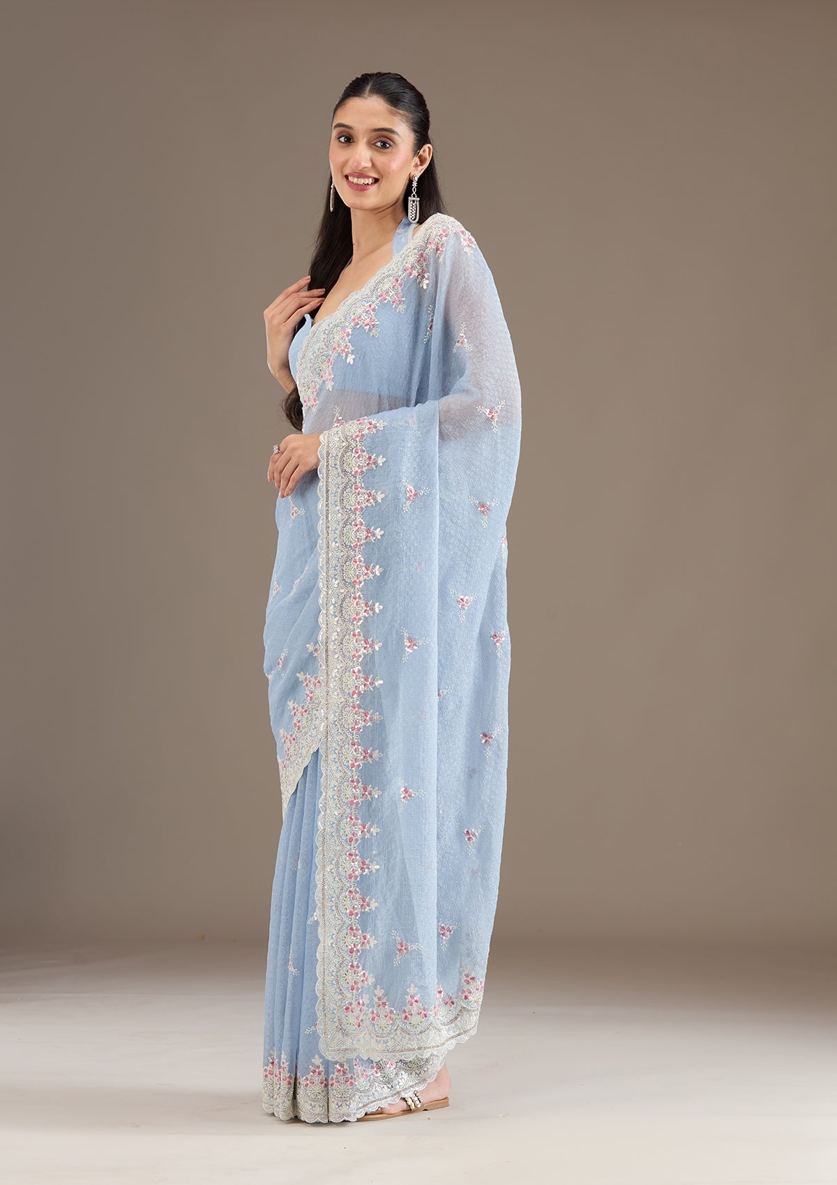 Sky Blue Sequins Chiffon Saree-Koskii