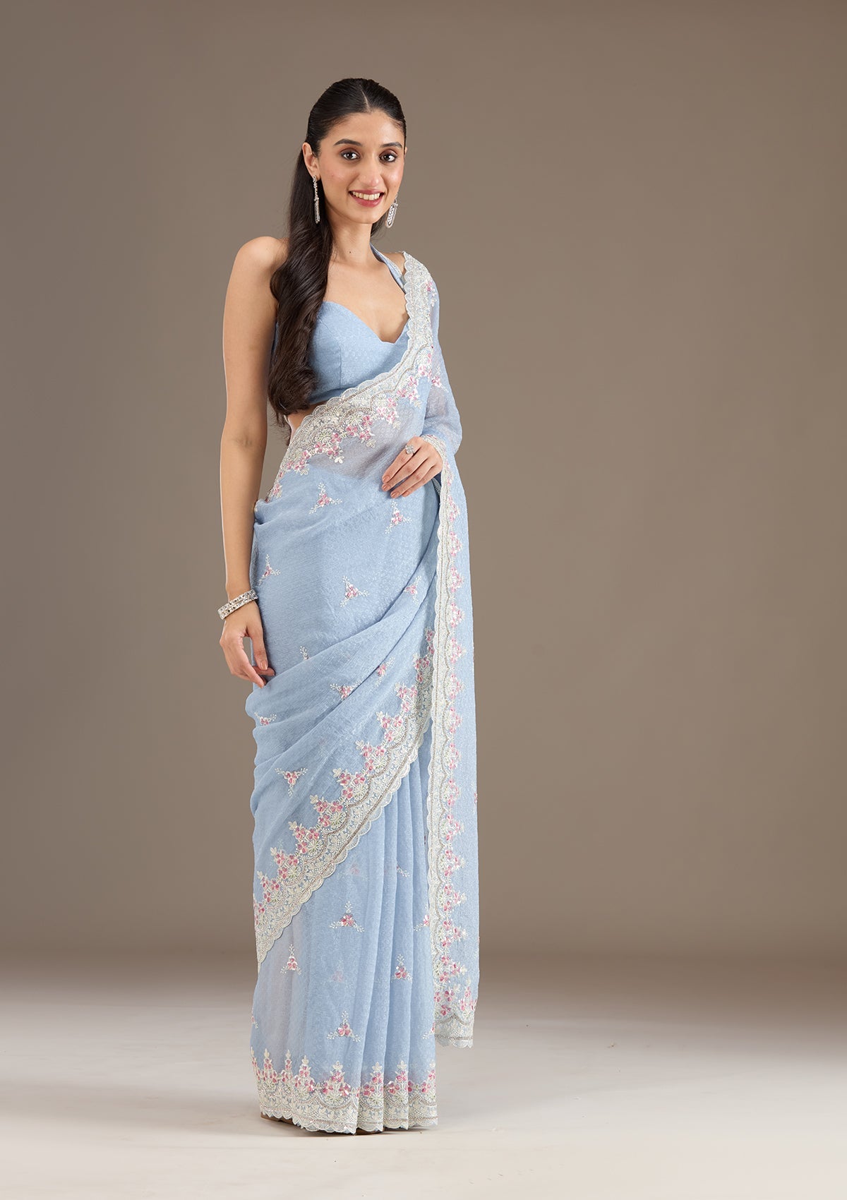 Sky Blue Sequins Chiffon Saree-Koskii