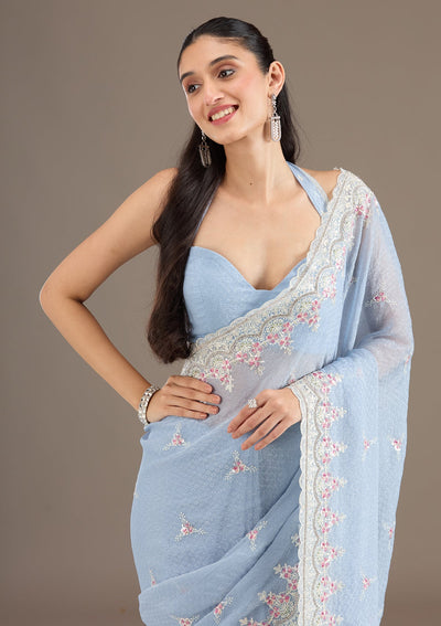 Sky Blue Sequins Chiffon Saree-Koskii