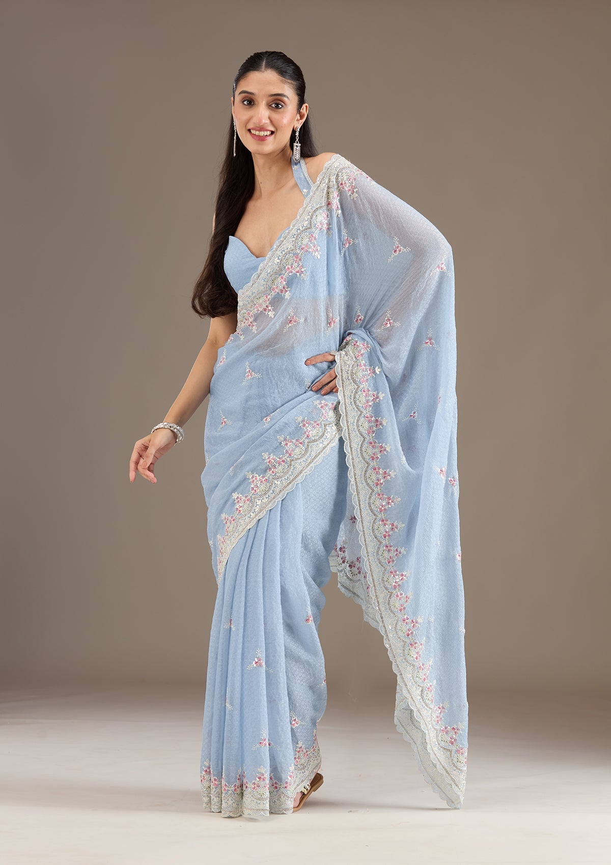 Sky Blue Sequins Chiffon Saree-Koskii