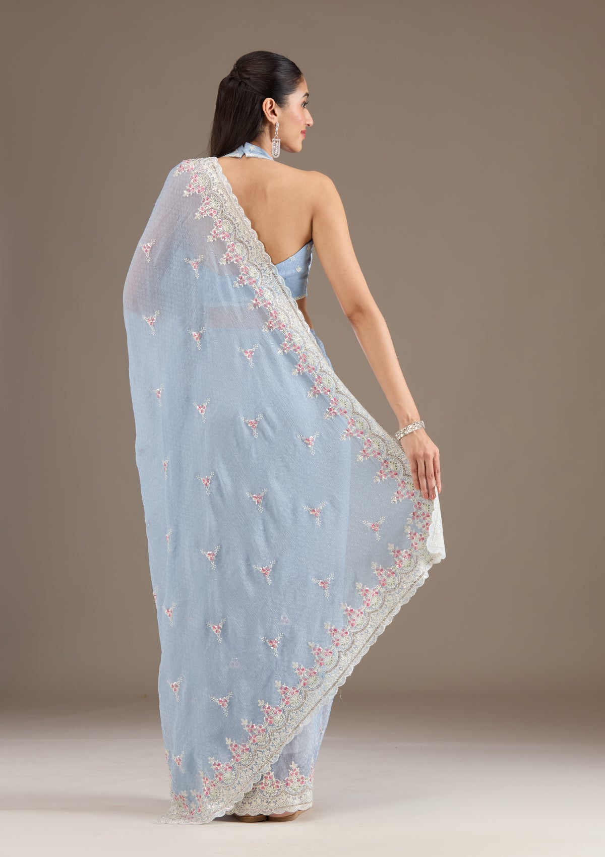 Sky Blue Sequins Chiffon Saree-Koskii