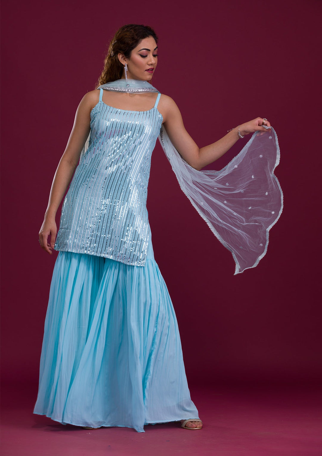 Sky Blue Sequins Georgette Readymade Salwar Kameez-Koskii