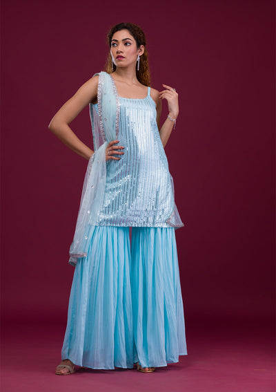 Sky Blue Sequins Georgette Readymade Salwar Kameez-Koskii
