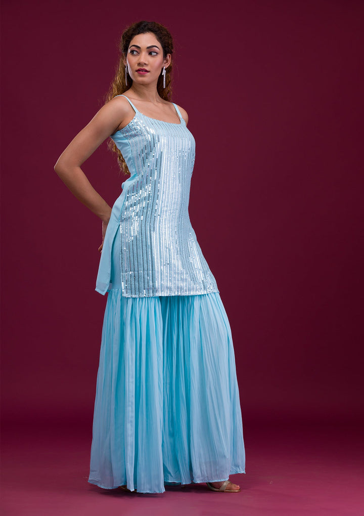 Sky Blue Sequins Georgette Readymade Salwar Kameez-Koskii