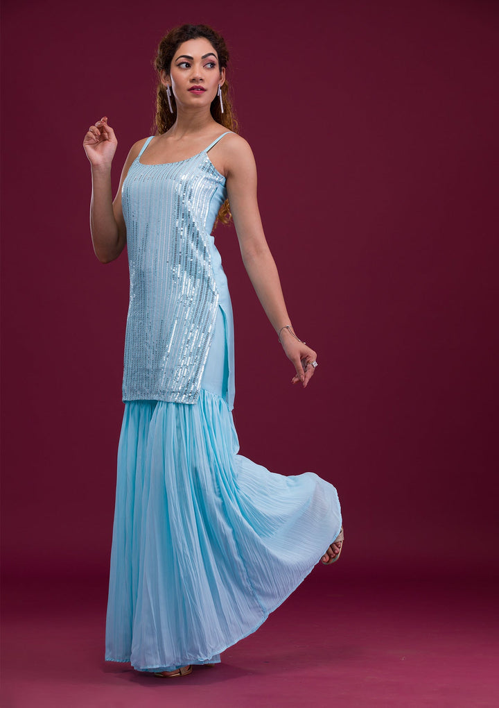 Sky Blue Sequins Georgette Readymade Salwar Kameez-Koskii