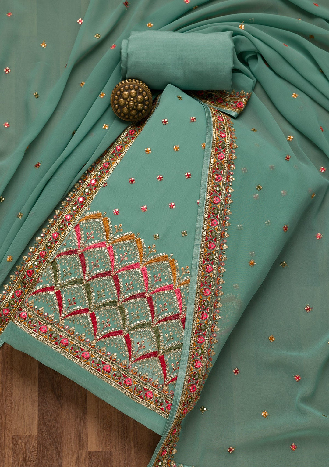 Sky Blue Sequins Georgette Unstitched Salwar Suit-Koskii