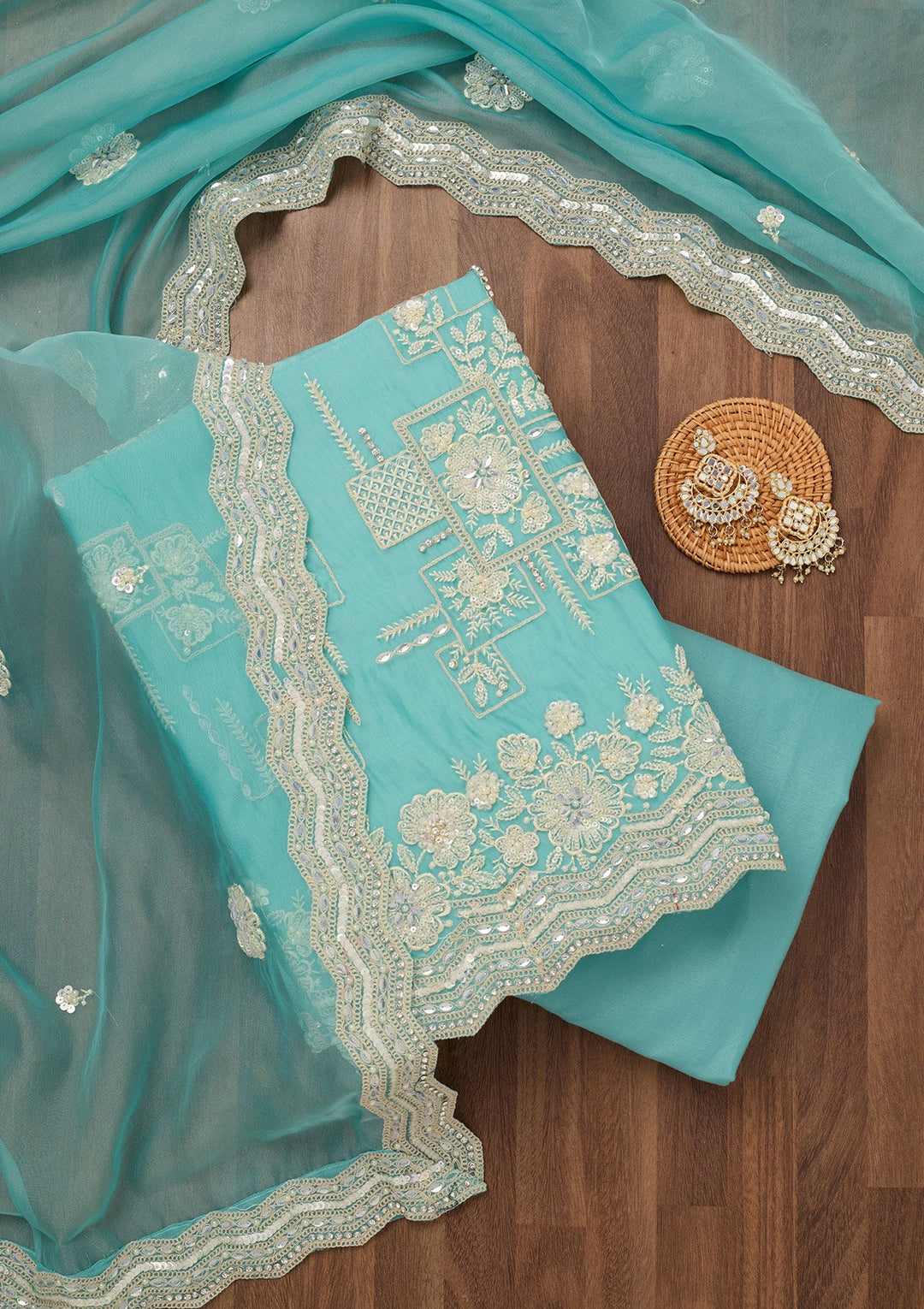 Sky Blue Sequins Georgette Unstitched Salwar Suit-Koskii