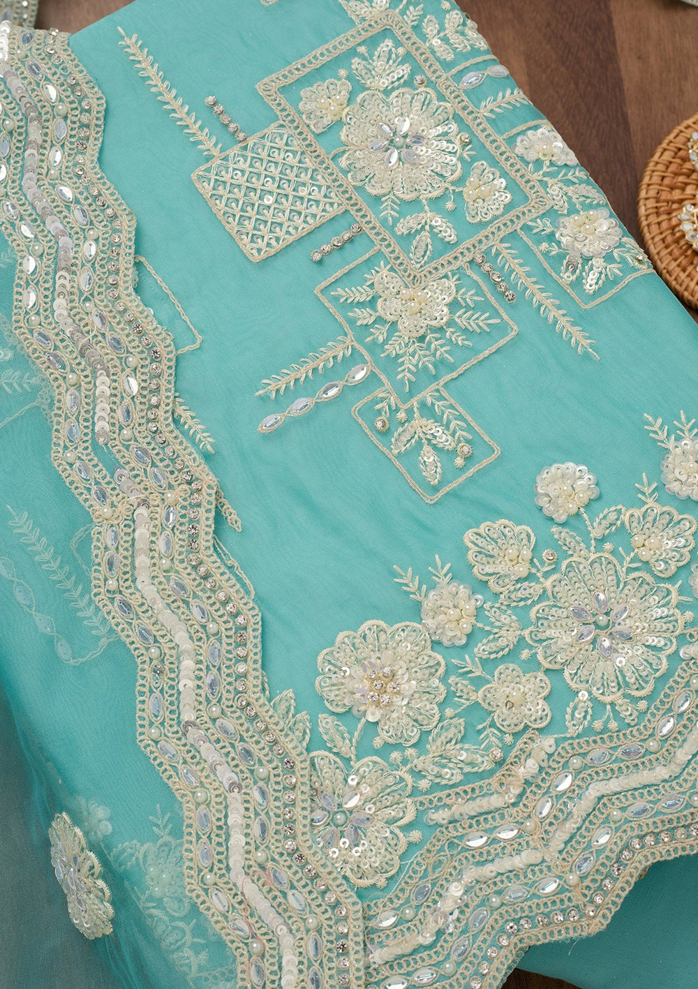 Sky Blue Sequins Georgette Unstitched Salwar Suit-Koskii