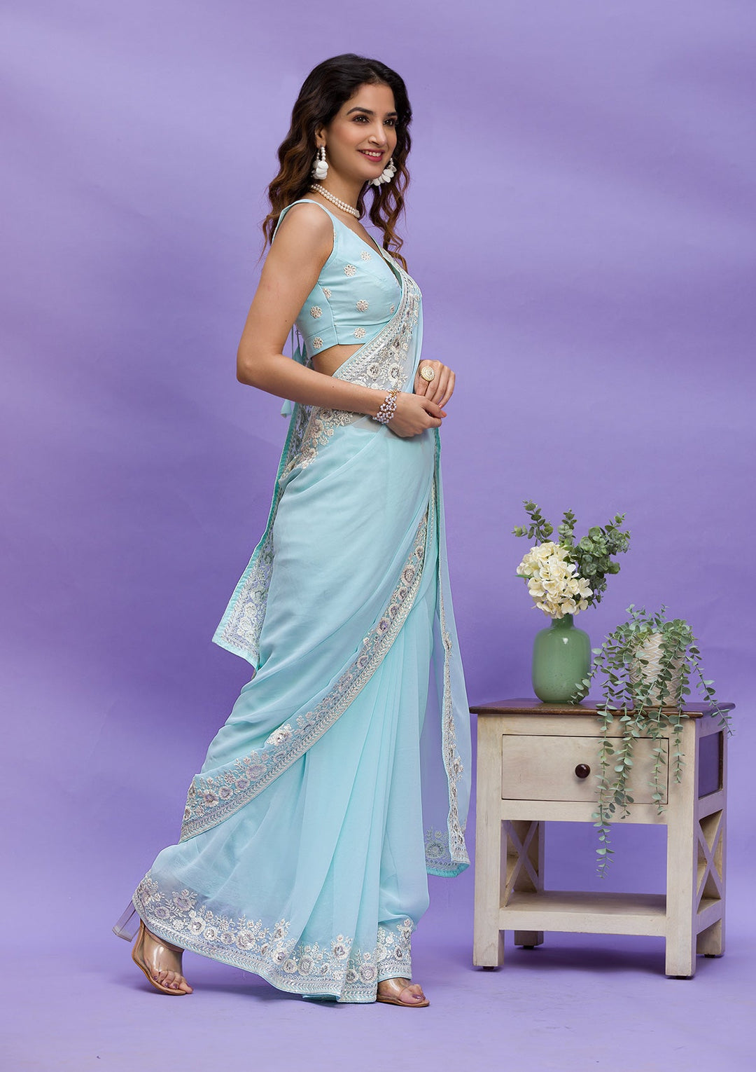 Sky Blue Sequins Georgette Saree-Koskii