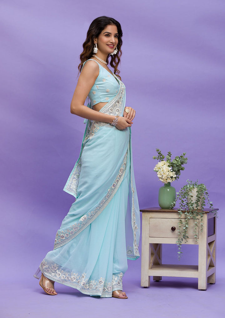 Sky Blue Sequins Georgette Saree-Koskii