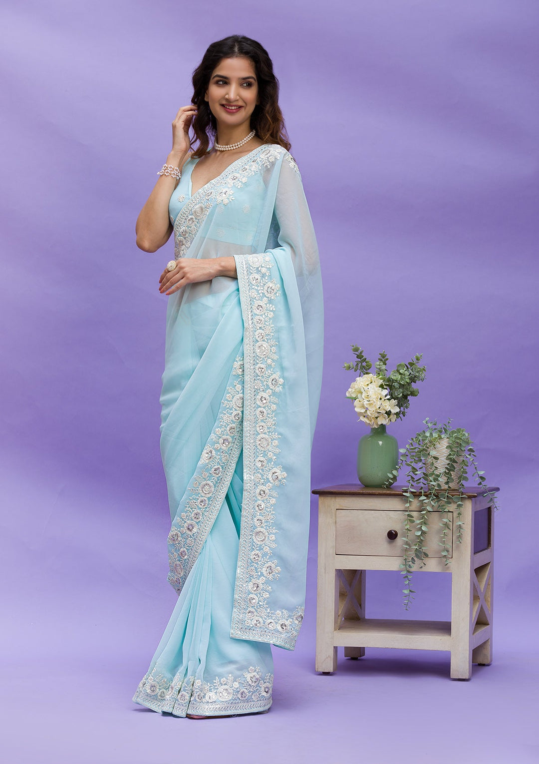 Sky Blue Sequins Georgette Saree-Koskii