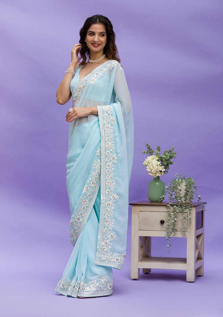 Sky Blue Sequins Georgette Saree-Koskii