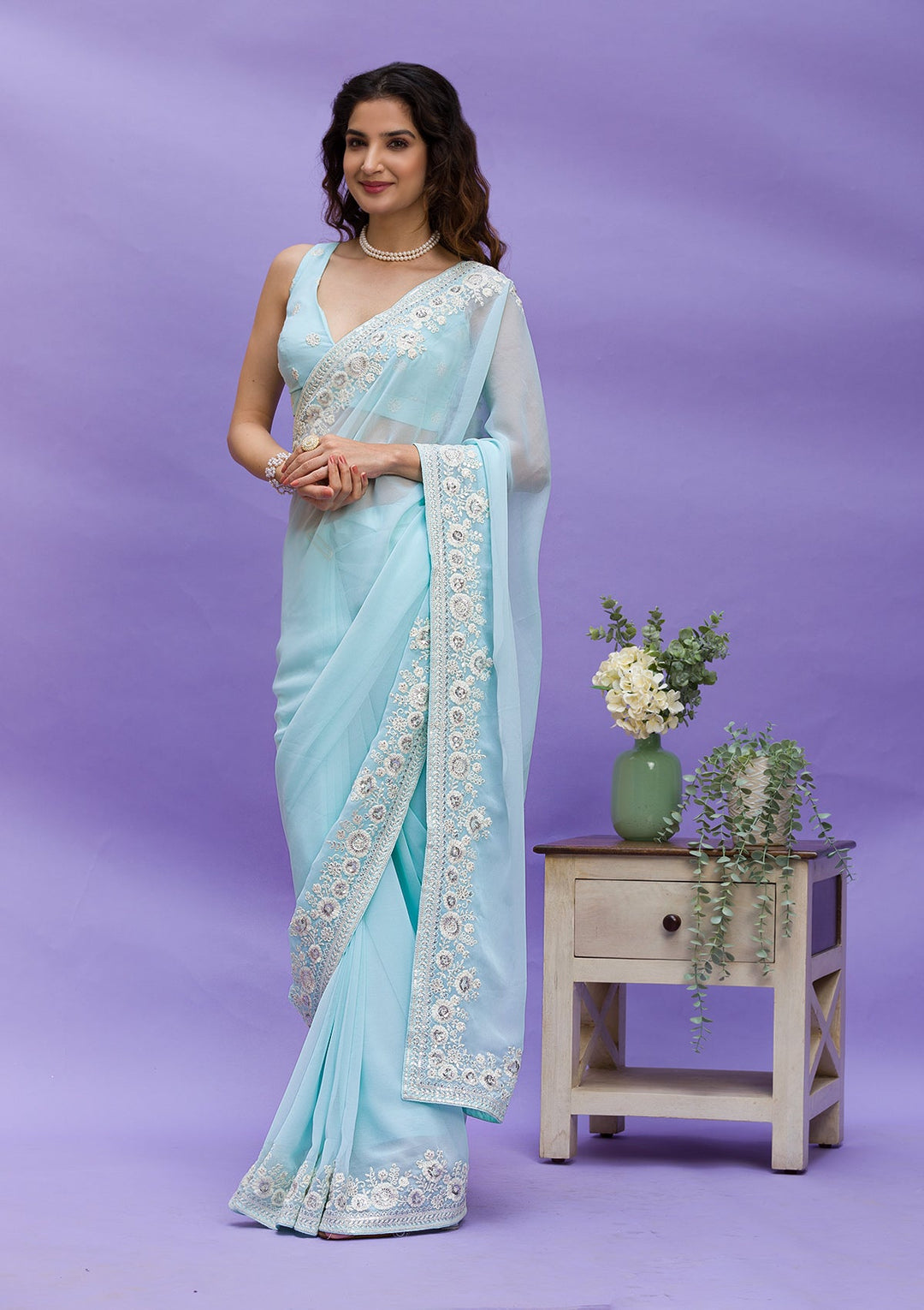 Sky Blue Sequins Georgette Saree-Koskii