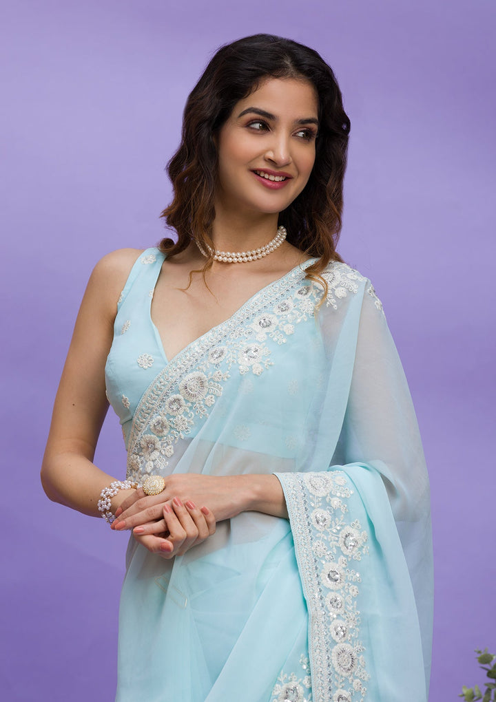 Sky Blue Sequins Georgette Saree-Koskii