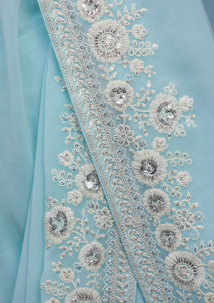 Sky Blue Sequins Georgette Saree-Koskii