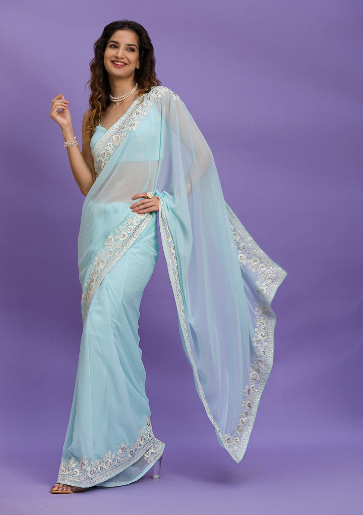 Sky Blue Sequins Georgette Saree-Koskii