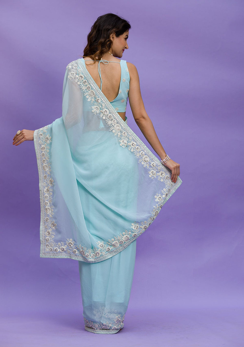 Sky Blue Sequins Georgette Saree-Koskii
