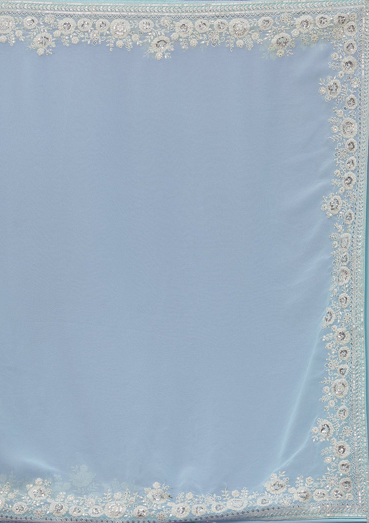 Sky Blue Sequins Georgette Saree-Koskii