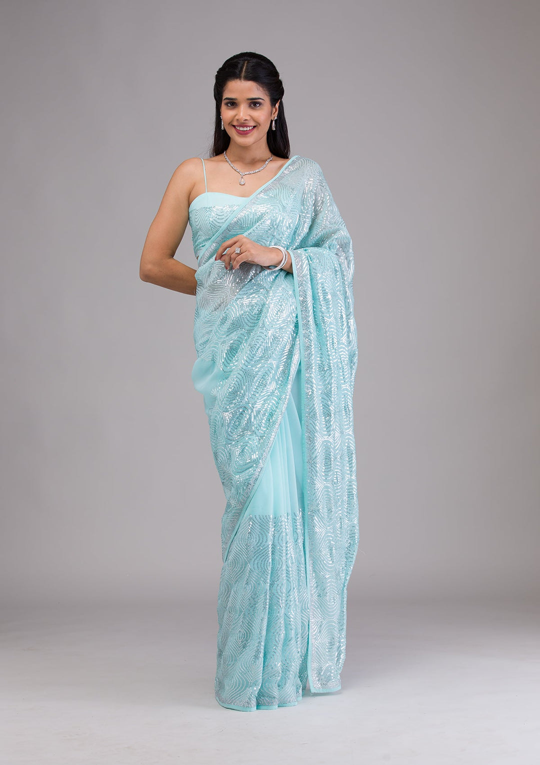 Sky Blue Sequins Georgette Saree-Koskii