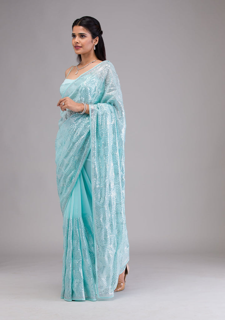 Sky Blue Sequins Georgette Saree-Koskii