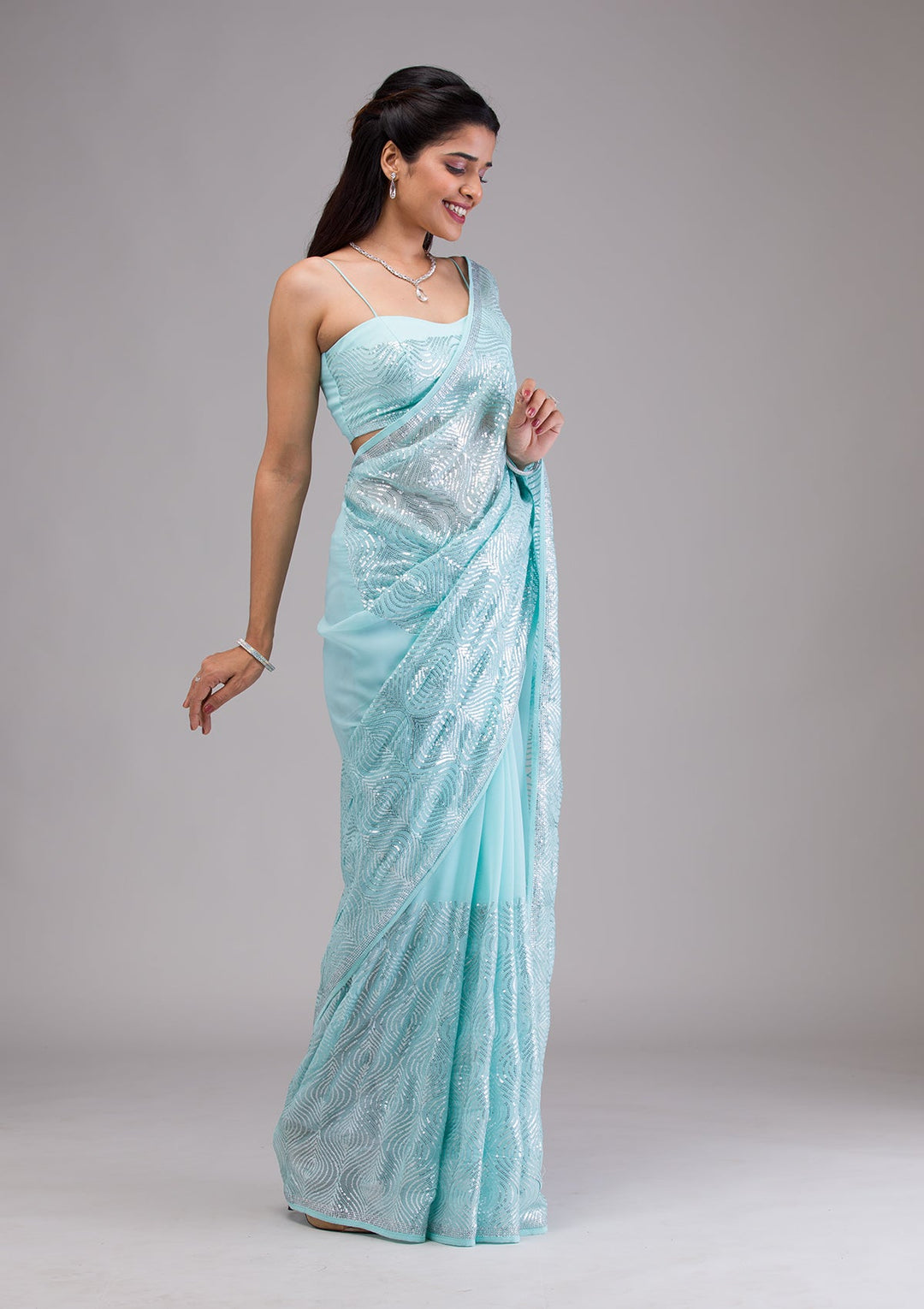 Sky Blue Sequins Georgette Saree-Koskii