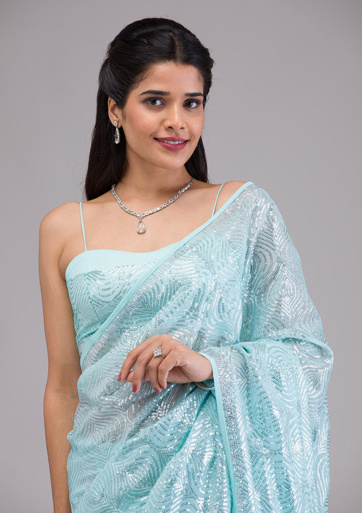 Sky Blue Sequins Georgette Saree-Koskii