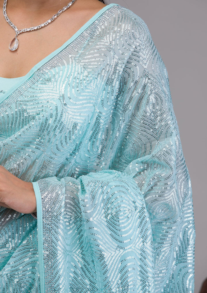 Sky Blue Sequins Georgette Saree-Koskii