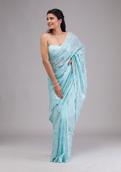 Sky Blue Sequins Georgette Saree-Koskii