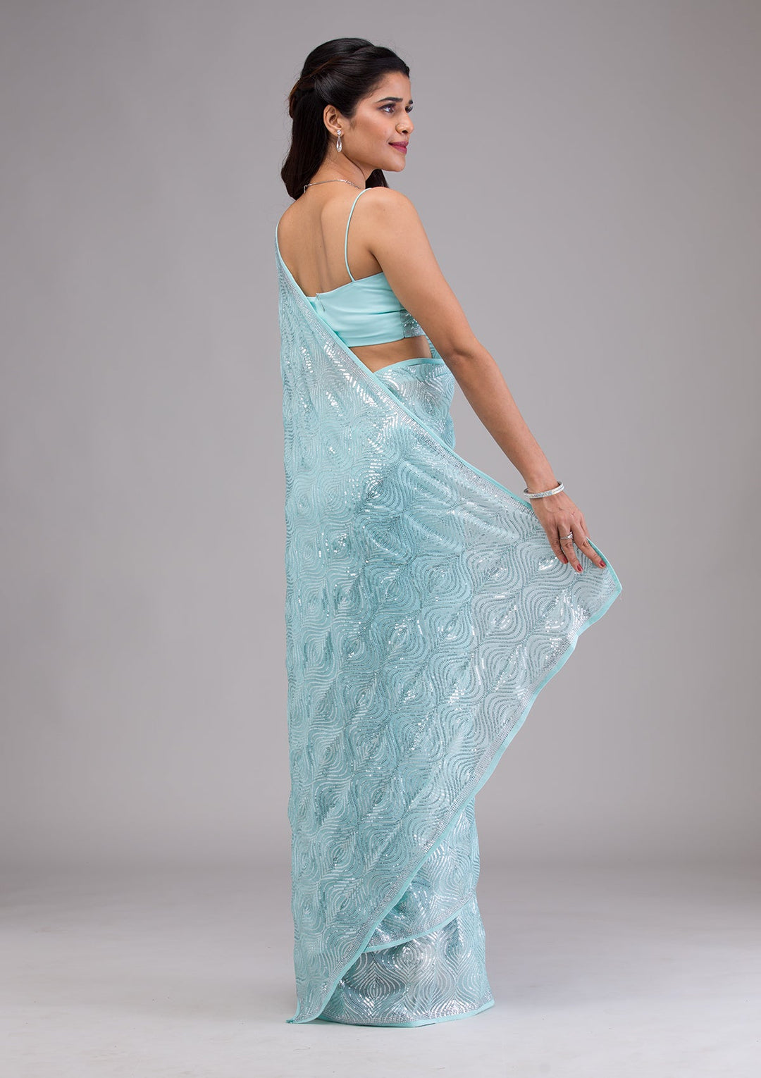 Sky Blue Sequins Georgette Saree-Koskii