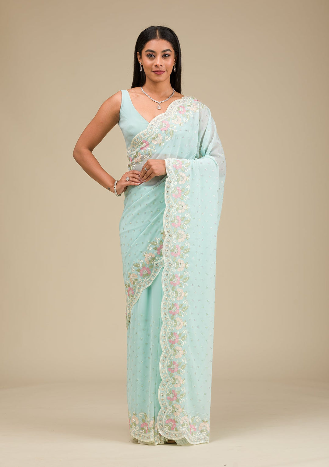 Sky Blue Sequins Georgette Saree-Koskii