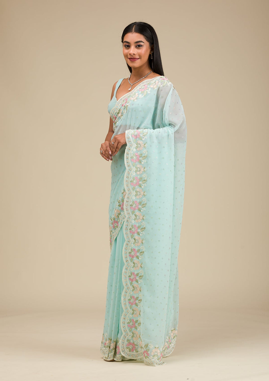 Sky Blue Sequins Georgette Saree-Koskii