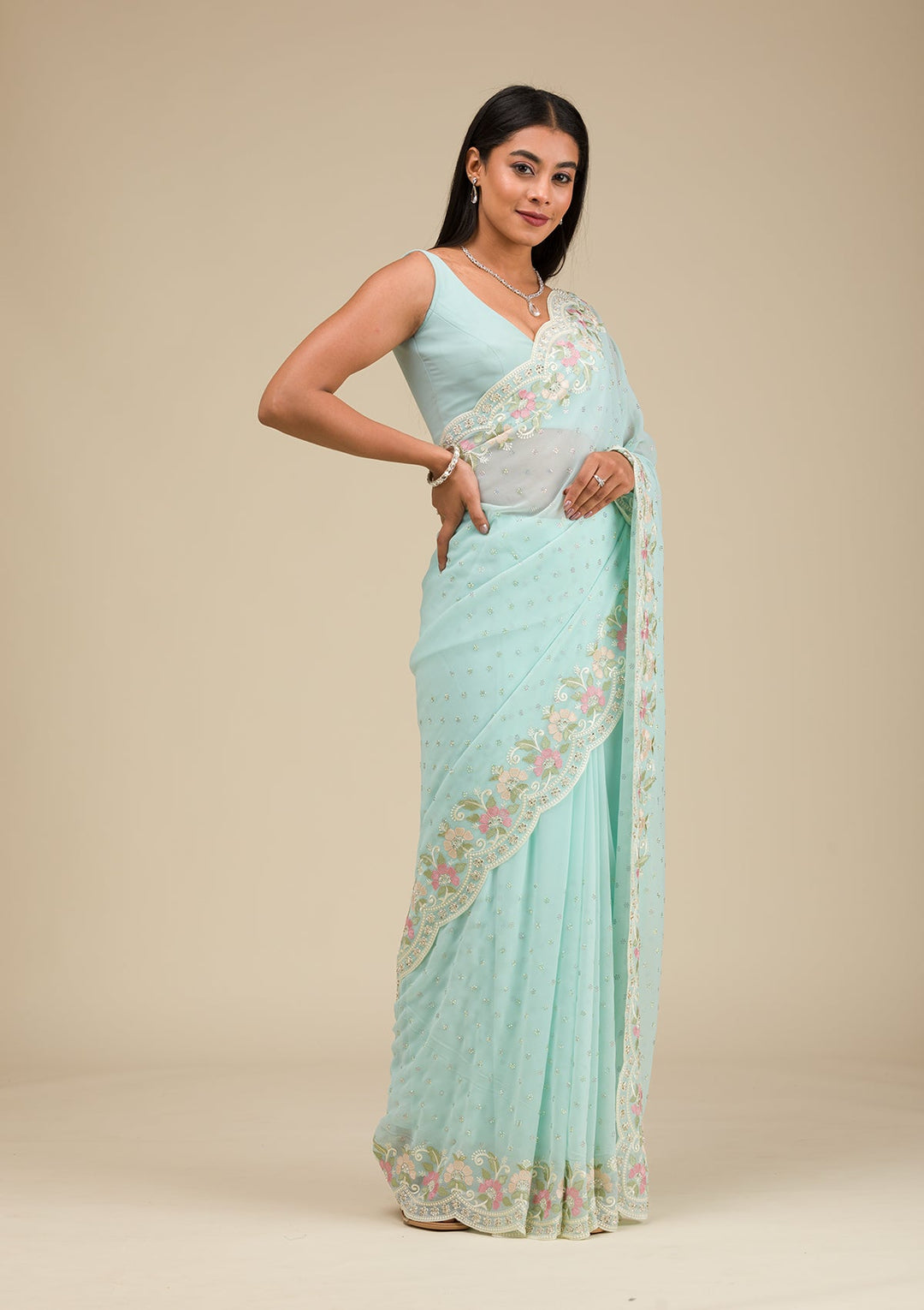 Sky Blue Sequins Georgette Saree-Koskii