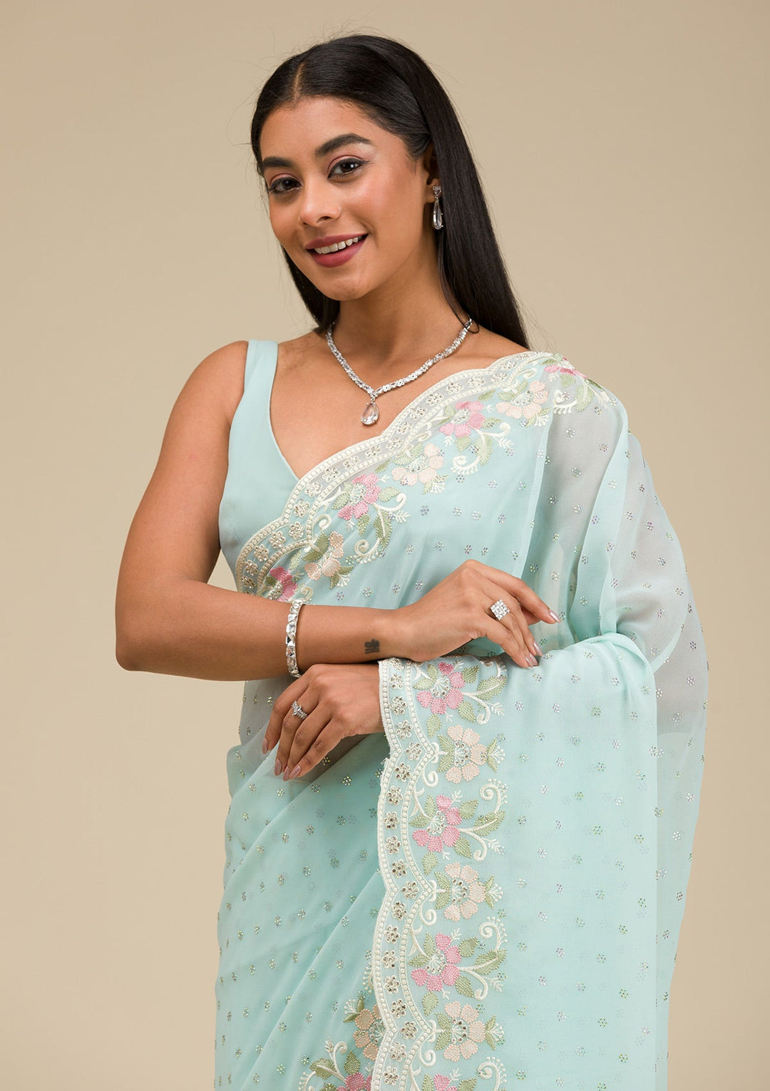 Sky Blue Sequins Georgette Saree-Koskii