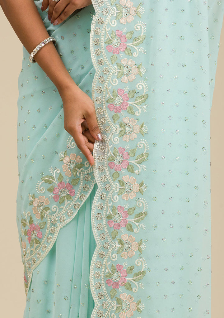 Sky Blue Sequins Georgette Saree-Koskii