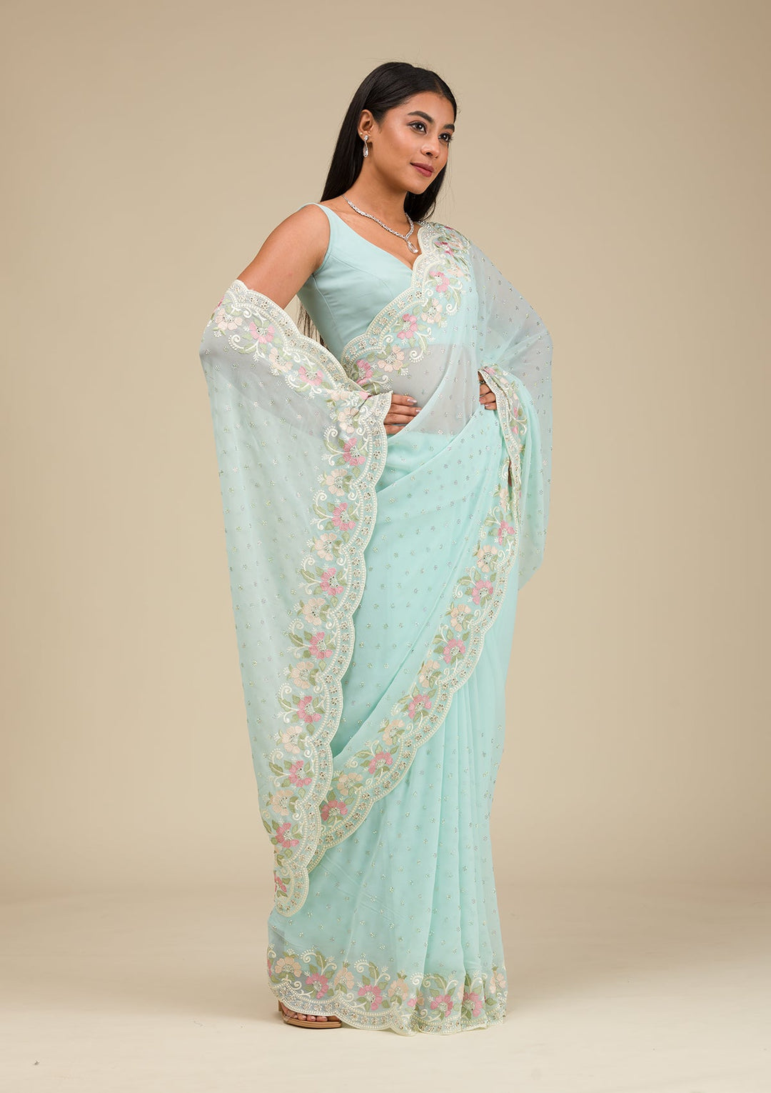Sky Blue Sequins Georgette Saree-Koskii