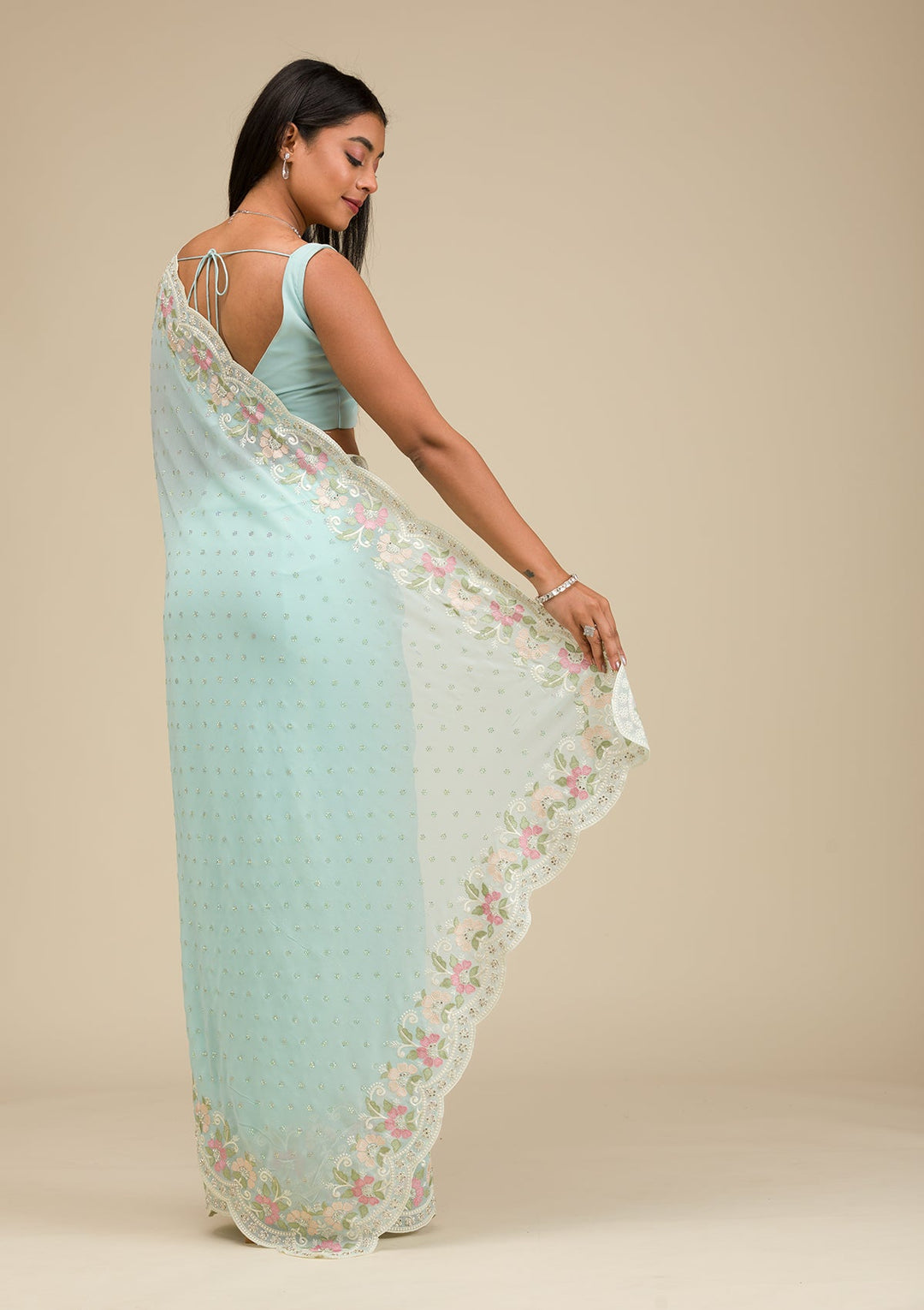 Sky Blue Sequins Georgette Saree-Koskii