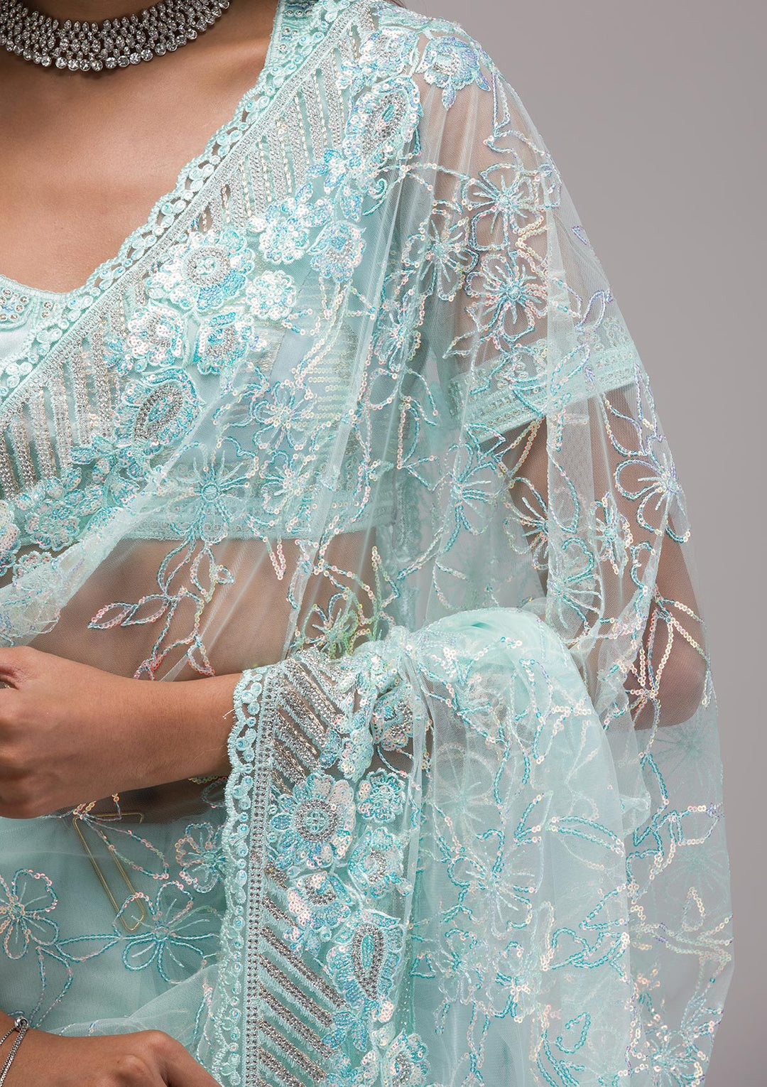 Buy Sky Blue Sequins Net Saree - Koskii Buy Sky Blue Sequins Net Saree - Koskii