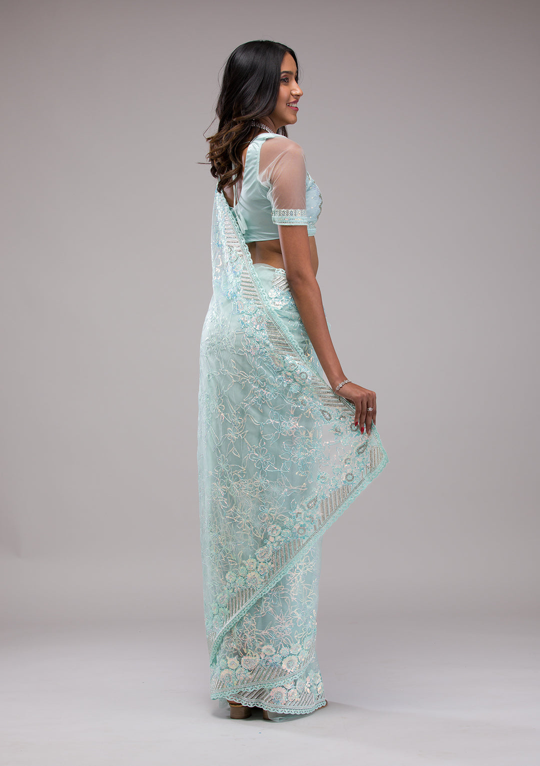 Buy Sky Blue Sequins Net Saree - Koskii Buy Sky Blue Sequins Net Saree - Koskii
